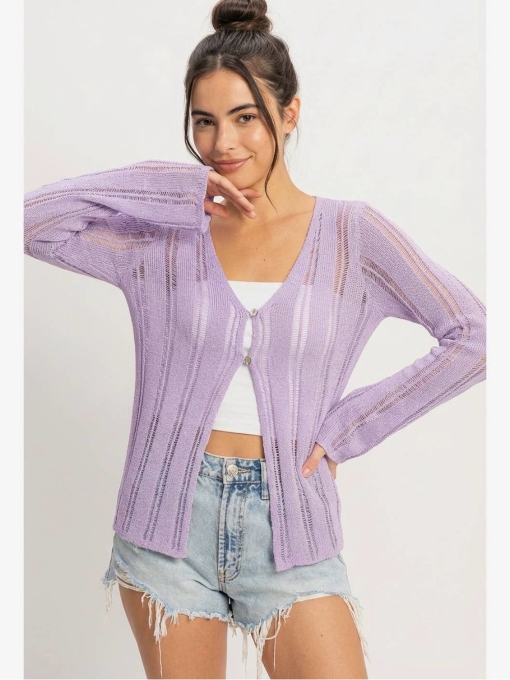 Lavender Open Knit Bell Sleeve Cardigan Boho Lightweight Sweater Various Sizes - Picture 5 of 8